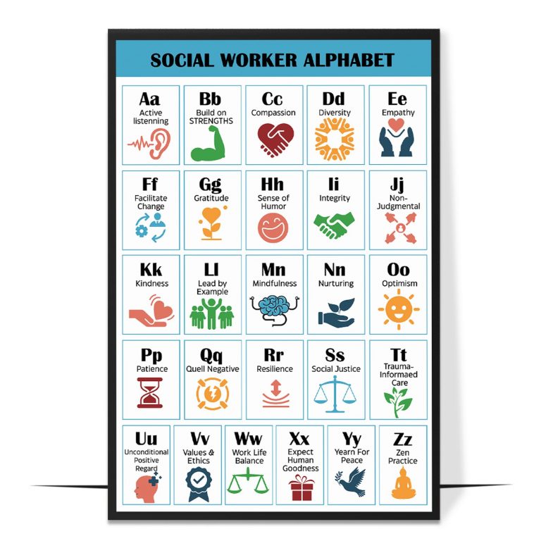 Social worker alphabet poster — Each letter paired with a value or term central to soc