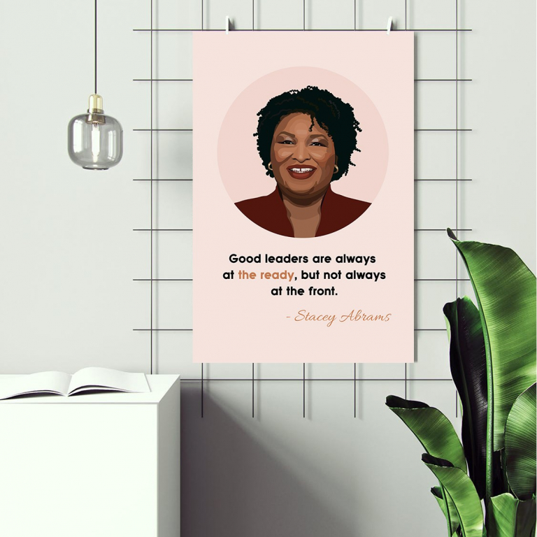 Stacey Abrams poster framed and displayed in a classroom