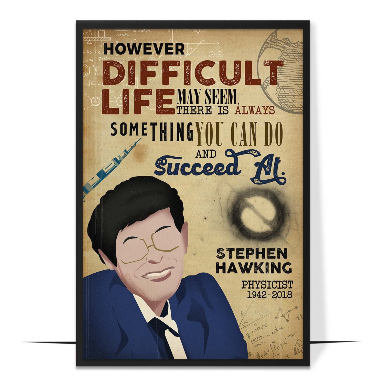 Stephen Hawking hand-drawn portrait poster — A clean faceless portrait in warm tones, honou