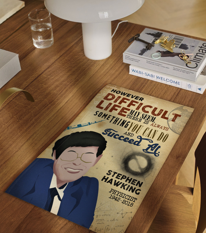 Stephen Hawking poster framed and displayed in a classroom