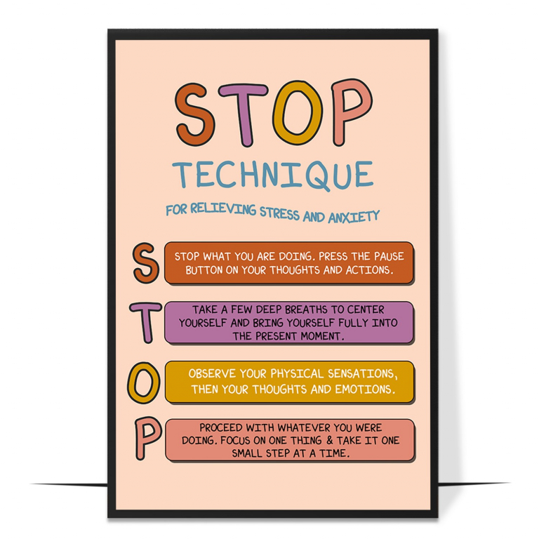 STOP technique poster — The four STOP steps laid out in order, so a person can mov