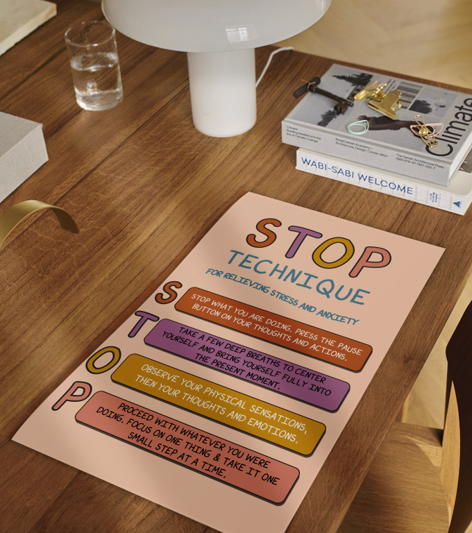 STOP Technique STOP technique poster framed and displayed in a counseling office