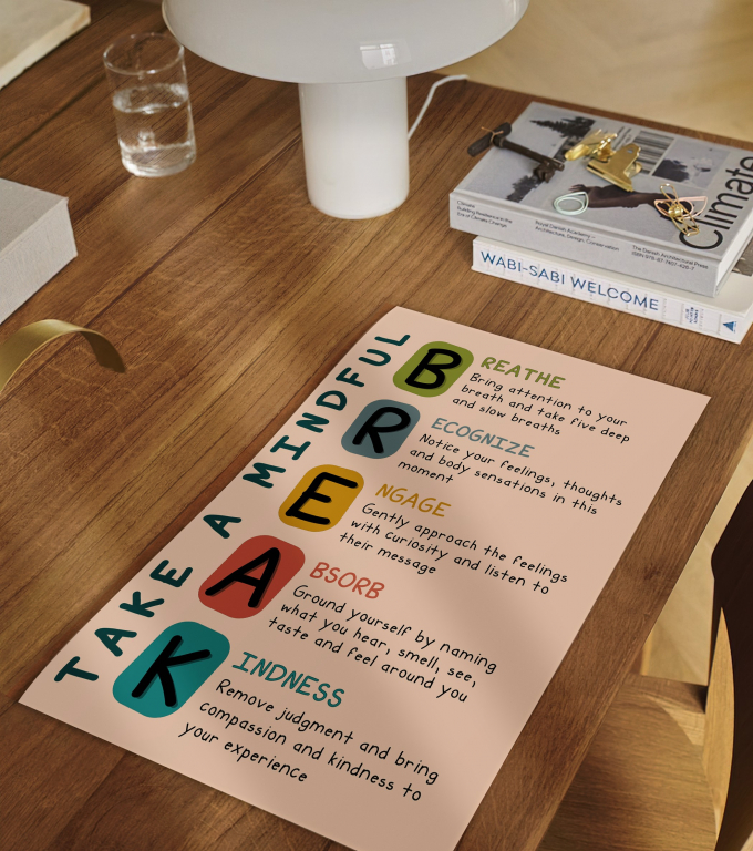 Take a Mindful Break take a mindful break poster framed and displayed in a counseling office