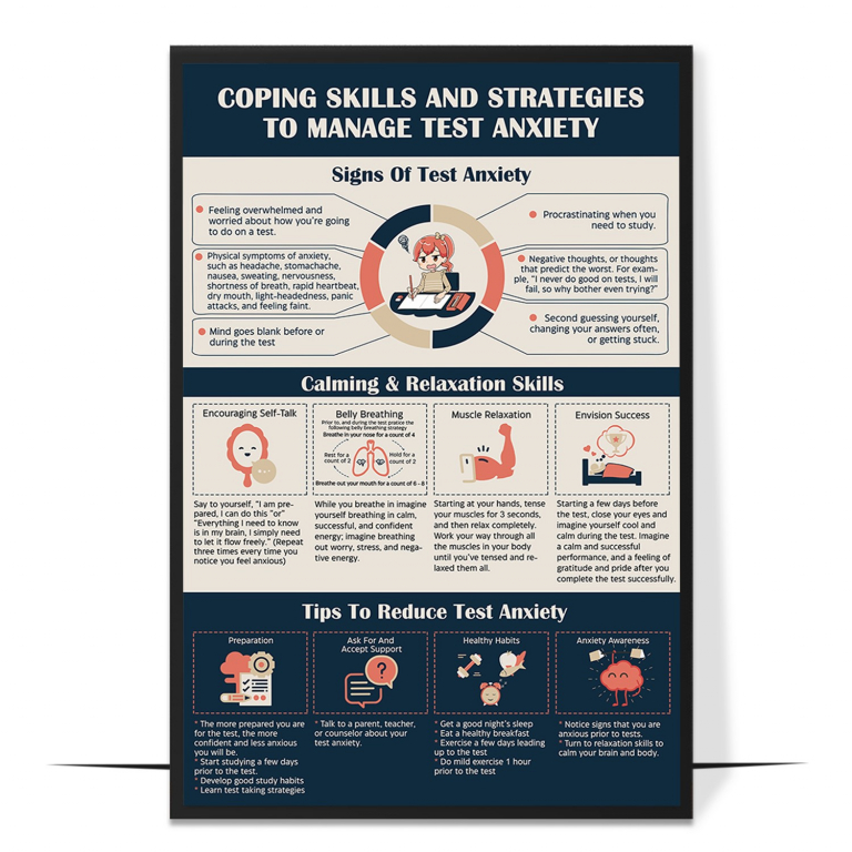 Test anxiety poster — Practical strategies for before and during a test, laid ou
