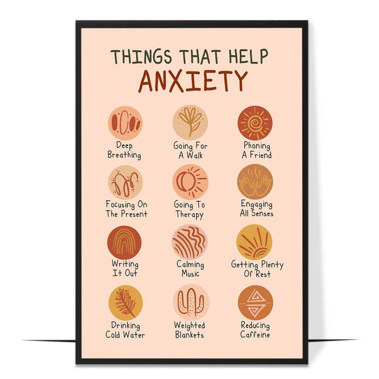 Things that help anxiety poster — A calming list of small practices that ease anxiety, f