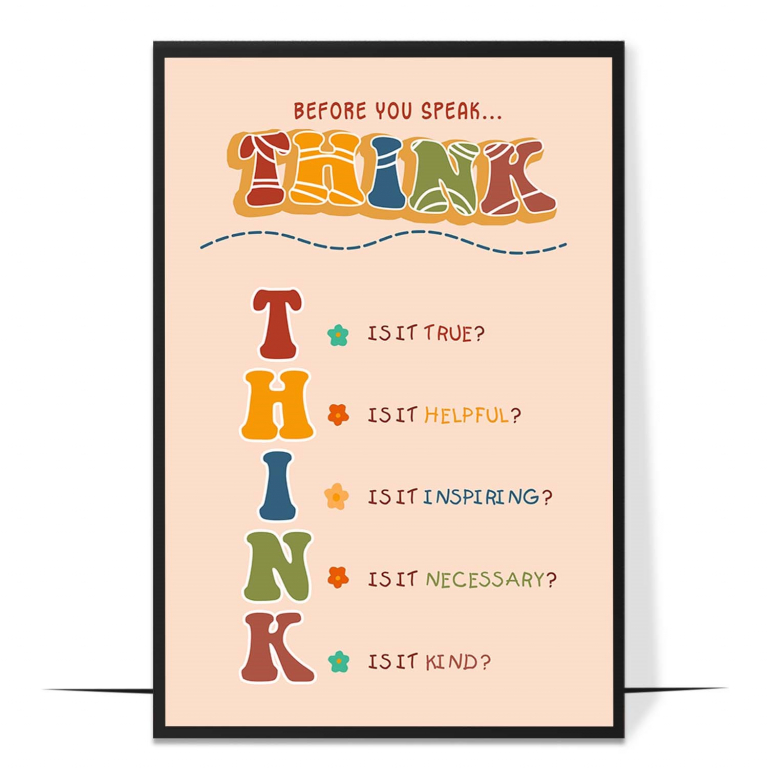 THINK before you speak poster — Each letter of THINK unpacked into a question, turning
