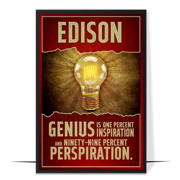 Thomas Edison hand-drawn portrait poster — A clean faceless portrait beside bold hand-let