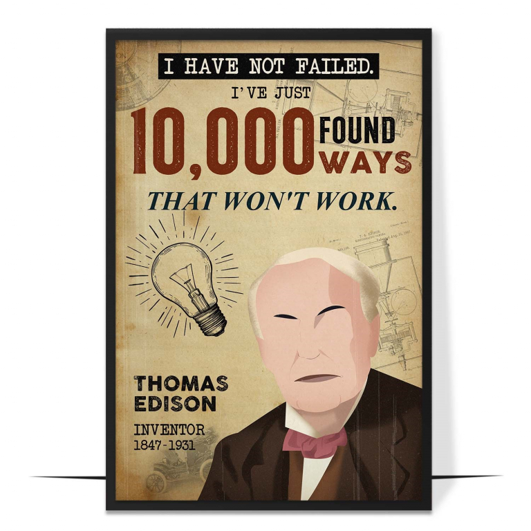 Thomas Edison hand-drawn portrait poster — A clean faceless portrait in warm tones, honou