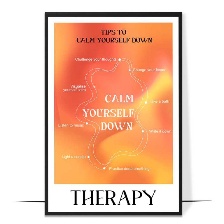 Tips to Calm Yourself wall art — a warm orange-gold aura listing simple calming techniques