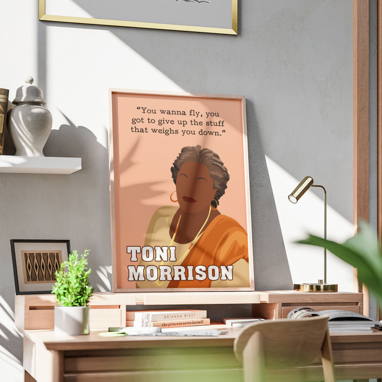 Toni Morrison poster framed and displayed in a reading nook