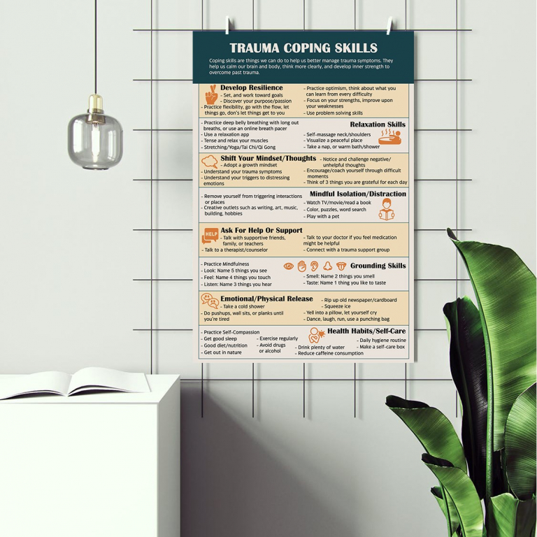 Trauma Coping Skills trauma coping skills poster framed and displayed in a counseling office