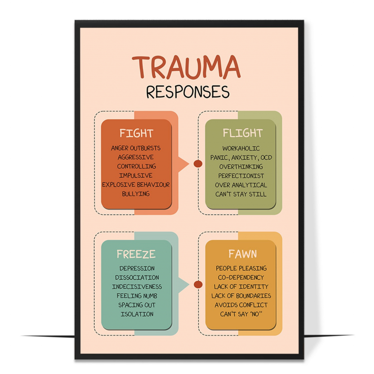 4 Fs of trauma poster — The four trauma responses named with what each looks lik