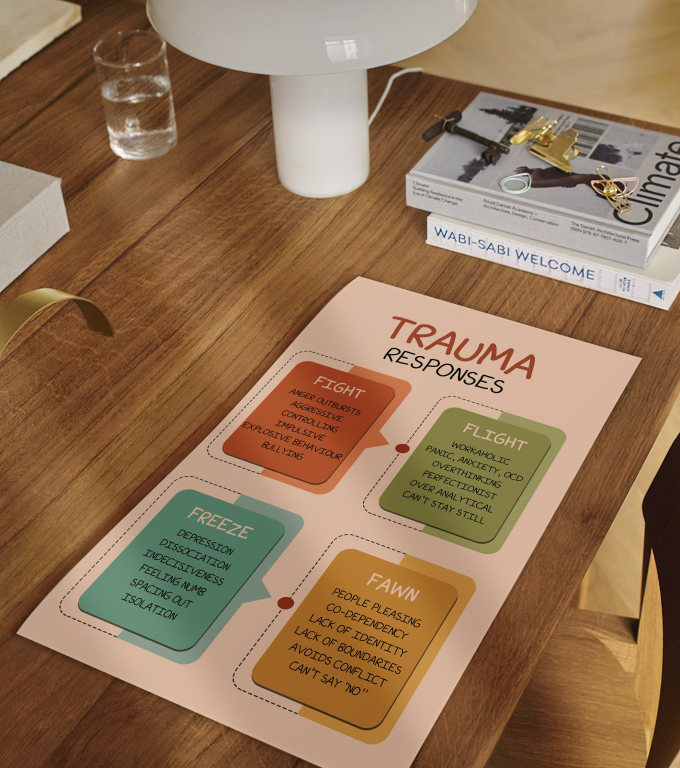 The 4 F’s of Trauma 4 Fs of trauma poster framed and displayed in a counseling office