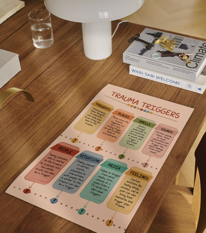 Trauma Triggers trauma triggers poster framed and displayed in a counseling office