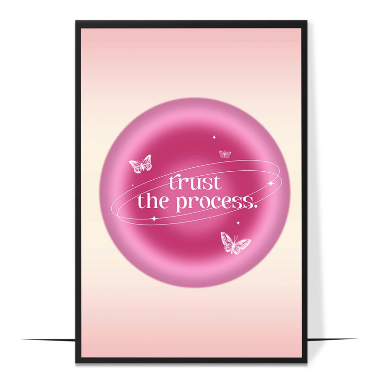 Trust The Process aura wall art — a glowing pink orb circled by butterflies in a pink-beige gradient