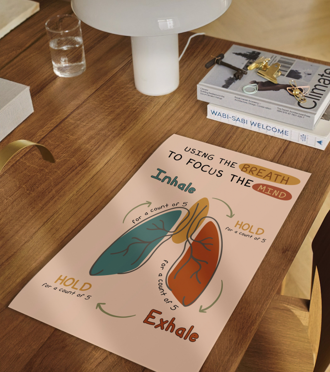 Using the Breath mindful breathing poster framed and displayed in a counseling office