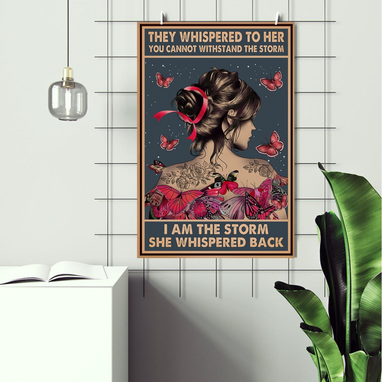 I Am the Storm Butterfly Girl print framed above a bed