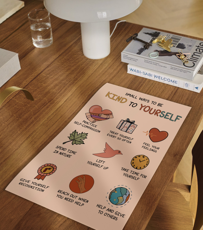 Ways to Be Kind to Yourself ways to be kind to yourself poster framed and displayed in a counseling office