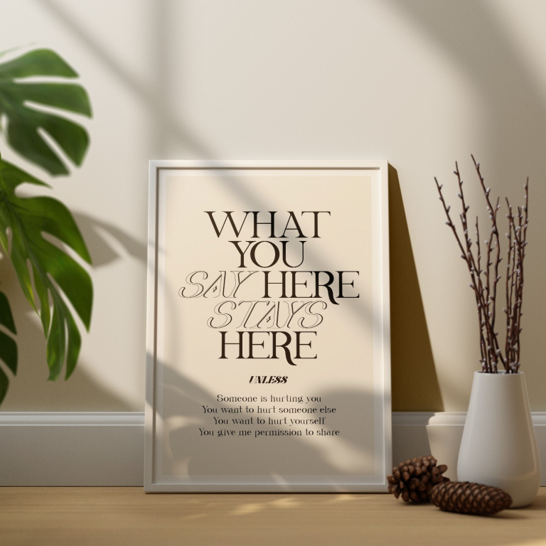 What You Say Here print framed and displayed in a classroom