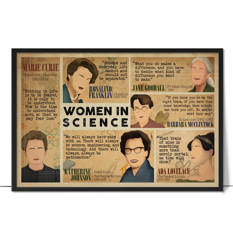 Women in Science hand-drawn portrait poster — Bold hand-lettered quotes and minimalist styli