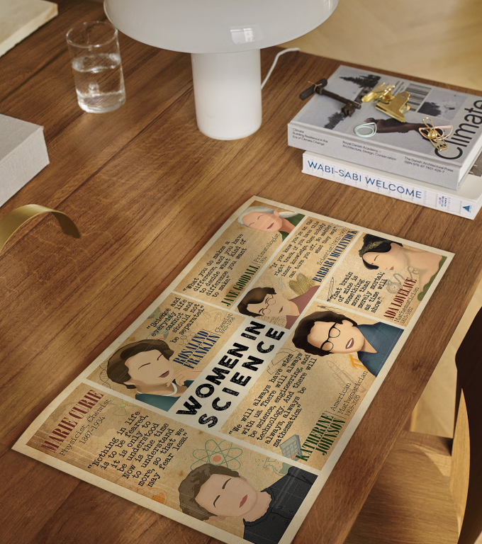 Women in Science poster framed and displayed in a classroom