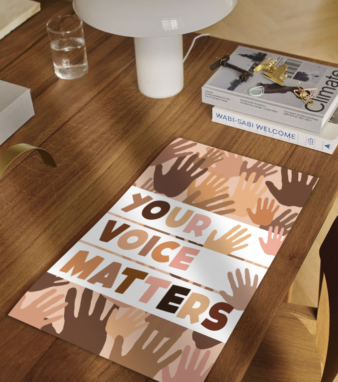 Your Voice Matters boho print framed and displayed in a classroom