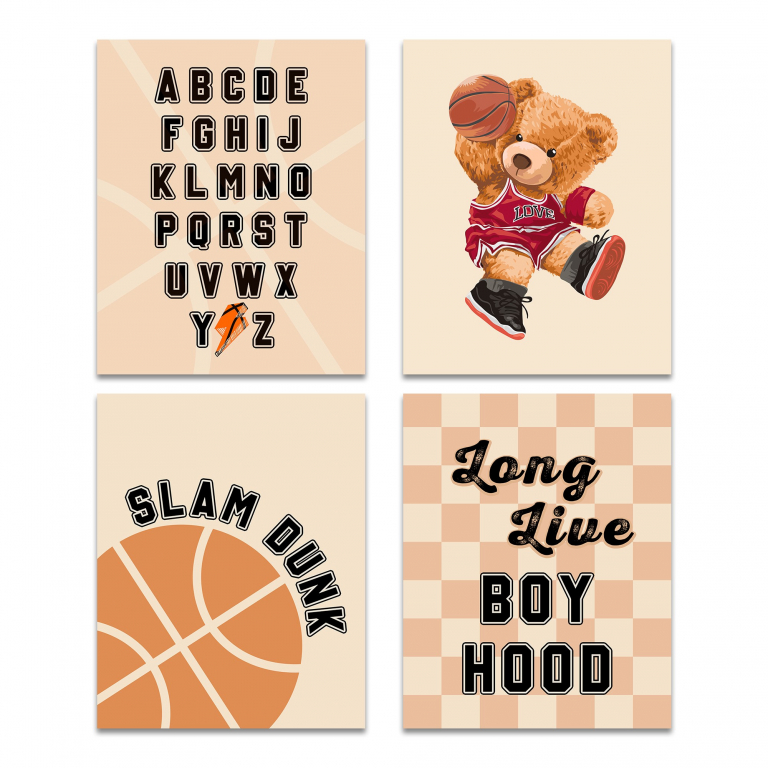 Basketball Nursery Set hand-drawn print — A 4-piece hand-drawn collection on playful baske