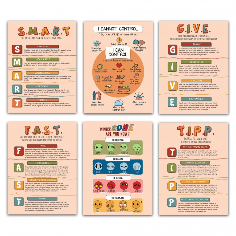 Coping Skills Set hand-drawn print — A matched grouping of 6 hand-drawn prints on pra
