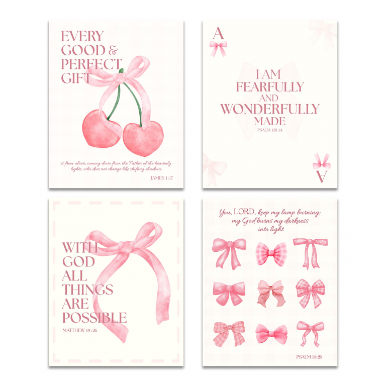 Coquette Christian Set hand-drawn print — 4 hand-drawn prints on bible verses in a soft co