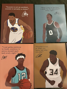 Customer photo for Motivational Basketball Superstars Set 9 Pcs Unframed 11x14in Laminated Hand-drawn Poster